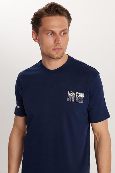 Tudors Men's Slim Fit Slim Fit Cotton Plain Basic Printed Crew Neck Navy Blue T-Shirt