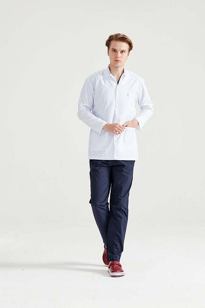 DEMOTEKS Men's White Short Medical Lab Coat Uniform - With Three Pockets, Long Sleeves, Tunic Collar