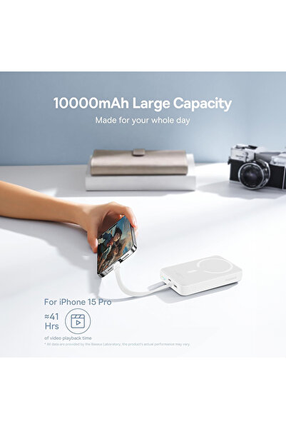 Baseus Baseus 10000mAh Magnetic Mini Wireless Fast Charge Power Bank 30W With Built-In Type-C Cable - White