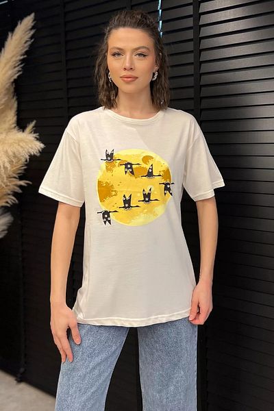 GÜLSELİ Tricou de damă cu imprimeu crem cu decolteu rotund brodat cu piatră