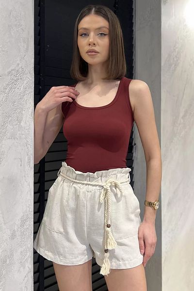 GÜLSELİ Stone Women's High Waist Straw Belt Detailed Elastic Waist Linen Shorts