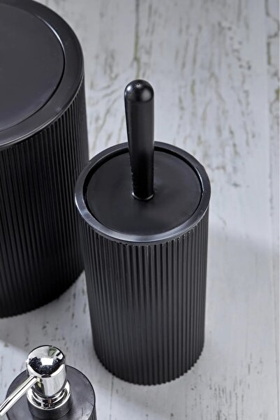 Kitchen Line Round Bin & Round Toilet Brush Set Double Bathroom Set Black