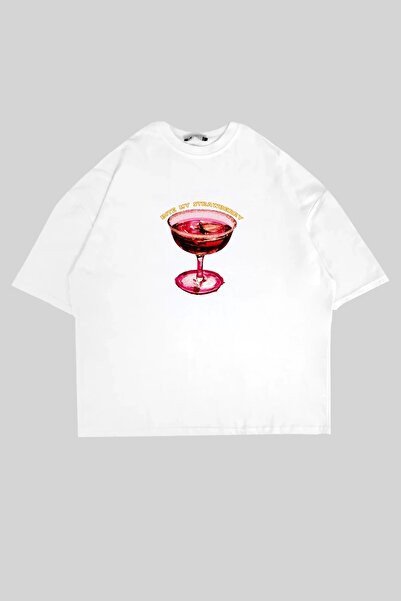 Tarzsokak Bite My Strawberry Printed Alb Oversize Unisex