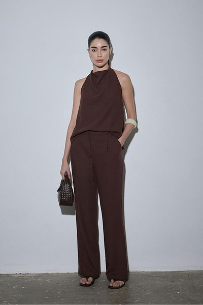 Suud Collection Dark Brown Gabriel Single Pleated Linen Trousers