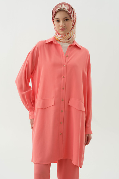 Tuğba Örme Bluzlu Uzun Tunik Takım - Mercan