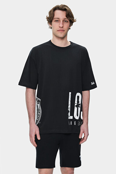 UCLA Ανδρικό μπλουζάκι IGNISO μαύρο με λαιμόκοψη με στάμπα Oversize