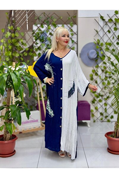 Punta Otantik VL1640 Çift Renk Cepli Vual Elbise Lacivert Beyaz