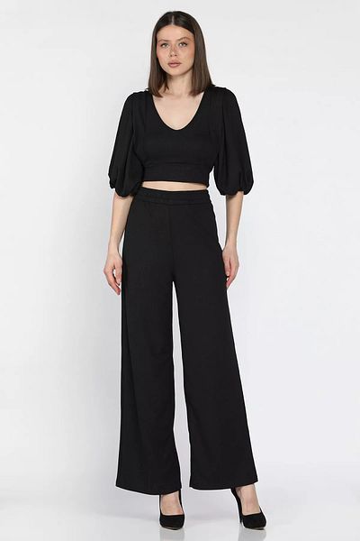GÜLSELİ Black Women's V-Neck Balloon Sleeve Blouse Palazzo Pants Set of Two