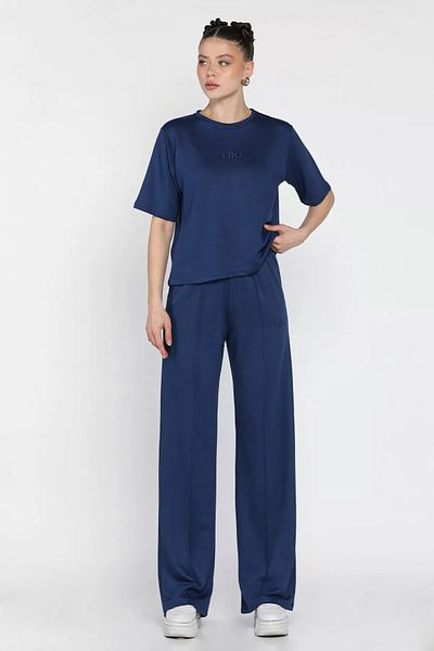 GÜLSELİ Navy Blue Women's Embroidered Grass T-Shirt Pants Double Set