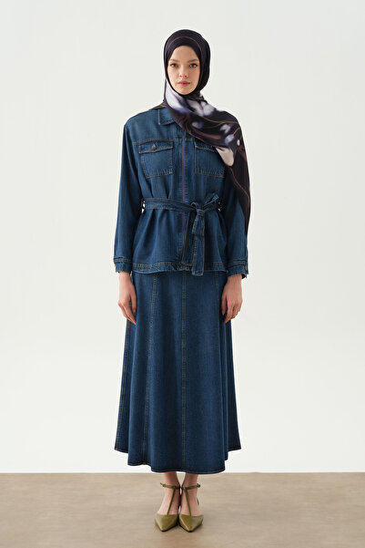 Tuğba Kuşaklı Ceket Etek Takım - İndigo