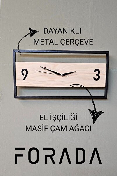 Forada Home & Style DUVAR SAATİ YATAY MASİF AHŞAP VE METAL