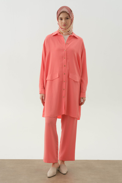 Tuğba Örme Bluzlu Uzun Tunik Takım - Mercan