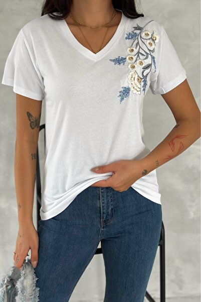 FEMELLE Women's White V-Neck Large Size Shoulder Flower Pattern Sequin Sequin and Embroidery Embroidered 100% Cotton T-Shirt
