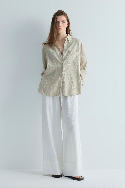 Suud Collection Λευκό Cool Palazzo Λινό Παντελόνι