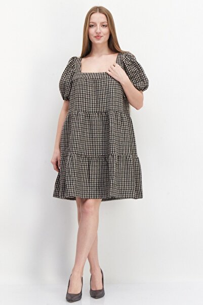 En Saison Women Hounds Tooth Pattern Midi Dress, Brown Combo