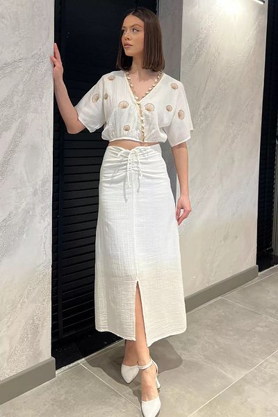 GÜLSELİ White Women's Embroidered Stone Linen Blouse Skirt Double Set