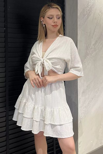 GÜLSELİ Stone Women's Front Tie Blouse Shorts Ruffled Skirt Two Piece Set