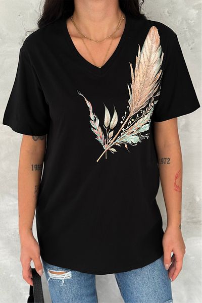 FEMELLE Women's Black V-Neck Plus Size Leaf Pattern Sequin Sequin Embroidered 100% Cotton Plus Size T-Shirt