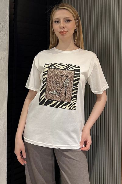 GÜLSELİ Γυναικείο T-Shirt Cream Crew Neck με Λεπτομέρεια από πέτρα