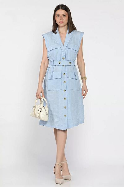 GÜLSELİ Light Blue Women's Double Breasted Collar Belt Detailed Buttoned Dress