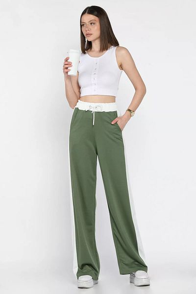 GÜLSELİ Khaki Women's Elastic Waist High Waist Color Garnished Palazzo Sweatpants