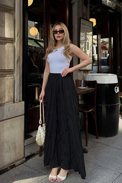 Modayıldızlar تنورة ميدي نسائية سوداء مجعدة بدون جيوب عالية الخصر