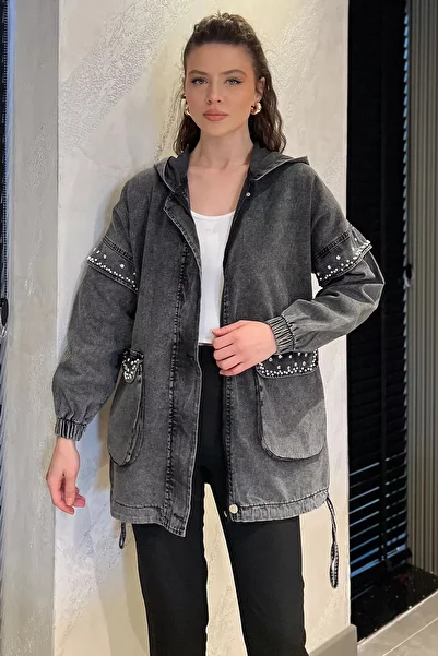 GÜLSELİ Anthracite Women's Hooded Zippered Stone Detailed Jean Denim Jacket