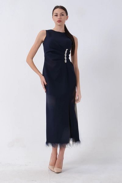 WeekJack Women's Evening Dress with Stone Detail on the Front and Slit and Feather Detail