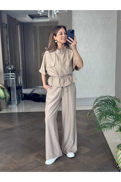 BELLA FASHION Lace-Up Short Sleeve Mink Jacket Trousers Set