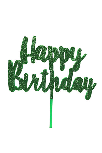 OEM Decoratiune topper tort "HAPPY BIRTHDAY", verde cu sclipici 15.5 x 13 cm