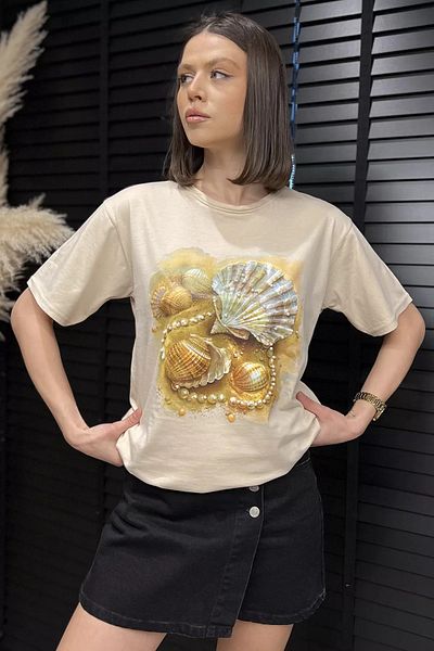 GÜLSELİ Γυναικείο T-Shirt με μπεζ εμπριμέ πέτρα με λεπτομέρειες