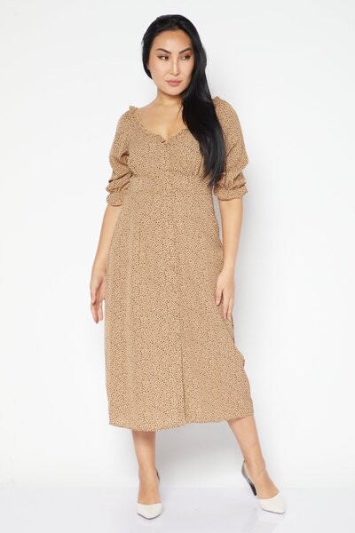 Brave Soul فستان نسائي كاجوال متوسط الطول بطبعات متعددة، بني