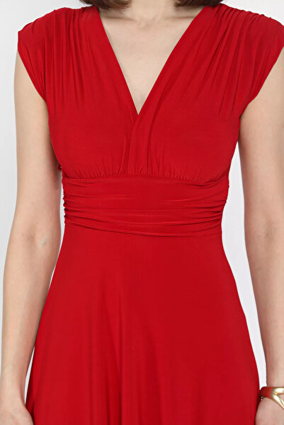 GÜLSELİ Red Women's V-Neck Shoulder Padded Pleated Kilos Dress