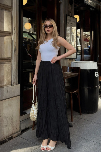 Modayıldızlar تنورة ميدي نسائية سوداء مجعدة بدون جيوب عالية الخصر