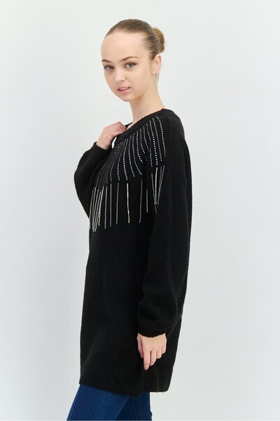 Aqua Women Embellished Long Sleeve Sweater, Black