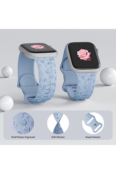 REDz Accessories Curea cu trandafiri, silicon gravat, pentru Apple Watch, detalii florale, albastru Sierra - 44/45/46/49 mm