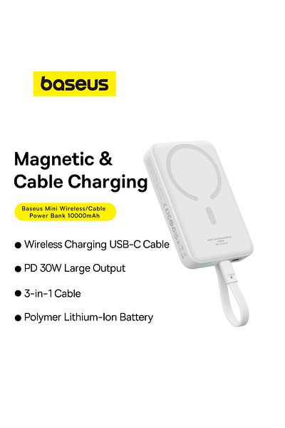 Baseus Baseus 10000mAh Magnetic Mini Wireless Fast Charge Power Bank 30W With Built-In Type-C Cable - White