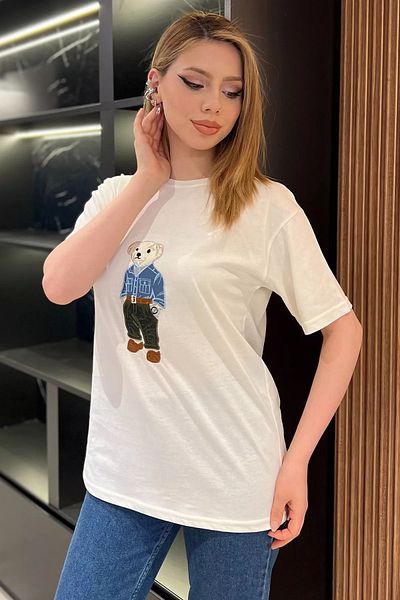 GÜLSELİ Γυναικείο T-Shirt Cream Crew Neck με Απλικέ
