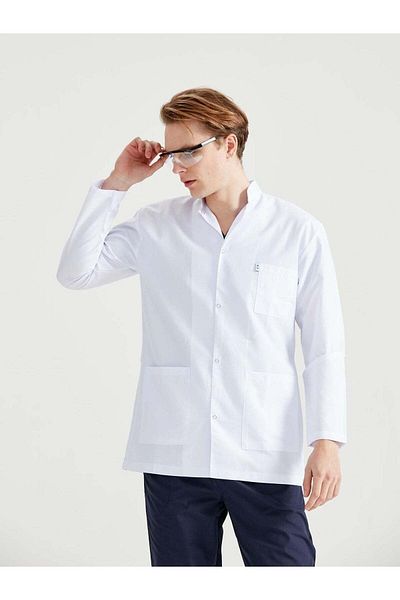 DEMOTEKS Men's White Short Medical Lab Coat Uniform - With Three Pockets, Long Sleeves, Tunic Collar