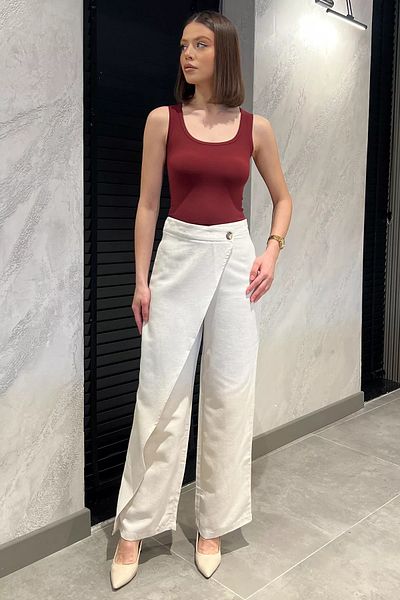 GÜLSELİ Stone Women's High Waist Piece Side Zipper Linen Pants