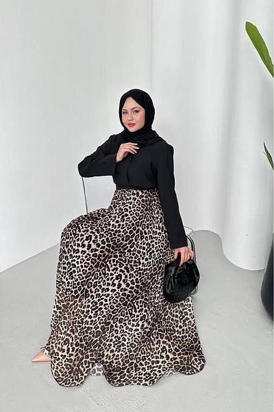 Neşeli Butik Women's High Waist Leopard Print Hijab Chiffon Skirt Nms057