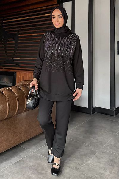 julude Μαύρο Plus Size Stone Hijab Παντελόνι Σετ δύο τεμαχίων