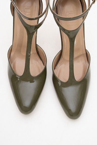 LuviShoes Jon Khaki Patent Leather Women's Thin Heeled Shoes