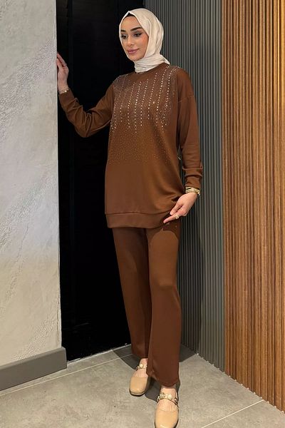 julude Καφέ Plus Size Stone Hijab Παντελόνι Σετ δύο τεμαχίων