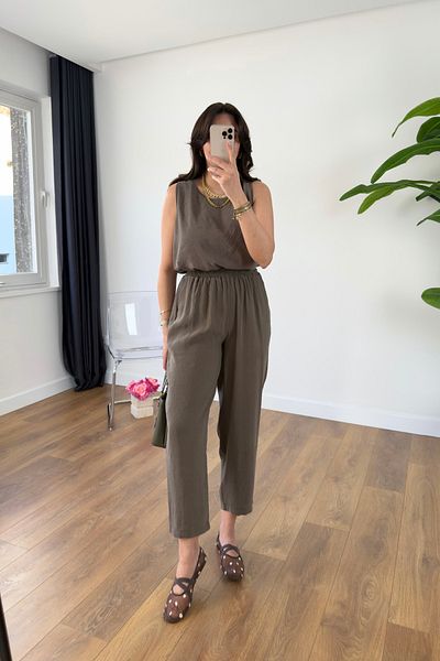 BİRCANÇİL Chakra Khaki Blouse Pants Tensl Suit