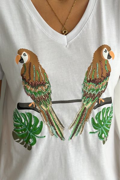 FEMELLE Tricou alb cu decolteu în V Papagal cu paiete brodat 100% bumbac