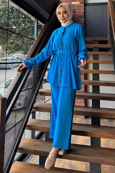 julude Set din două piese, pantaloni cu tunică de piatră, cu talie hijab albastră