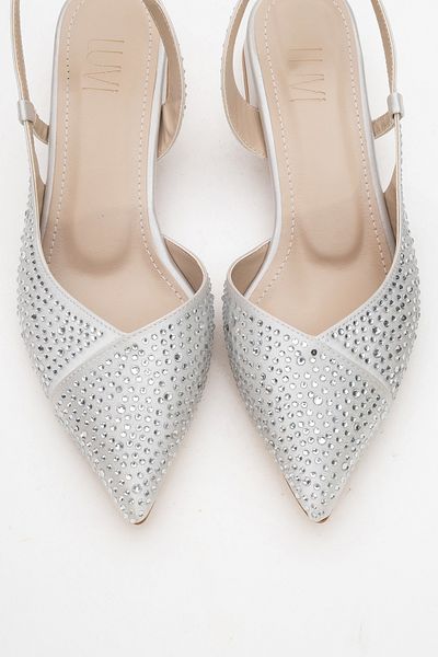 LuviShoes Pantofi cu toc mic pentru femei SELLA Silver Satin Stone