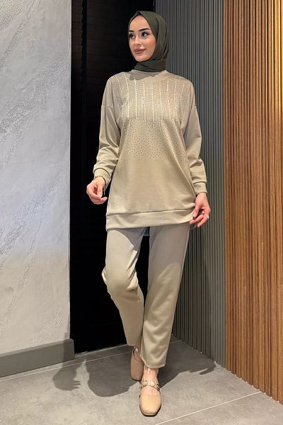 julude Μπεζ Plus Size Stone Hijab Παντελόνι Σετ δύο τεμαχίων