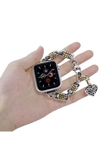 REDz Accessories Apple Watch Bracelet, Vintage Heart Pendant, Fashion Look, Slim, Silver Metal, Gold - 44/45/46/49 Mm